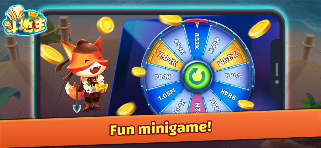 Dou Dizhu ZingPlay Lucky Wheel Minispiel mit einem Fuchsfresser und Goldbelohnungen