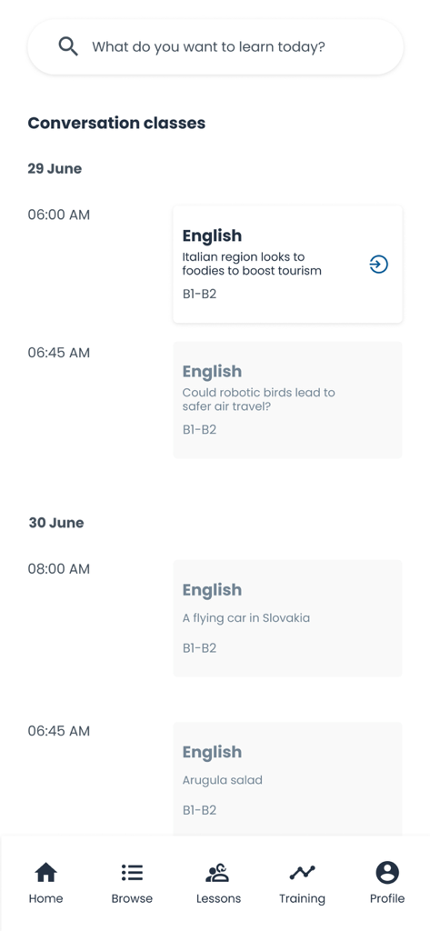 Horario diario de clases de conversación en inglés profesional en la aplicación goFLUENT.