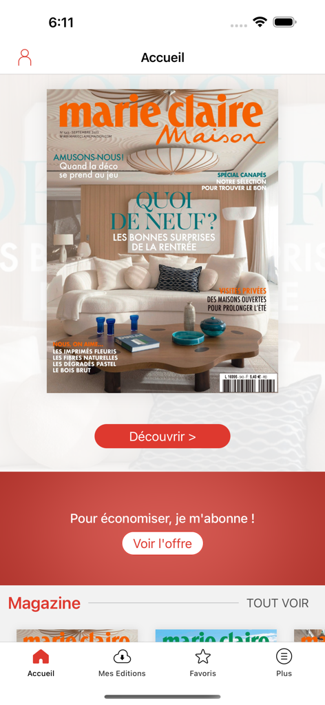 Marie Claire Maison - モダンなインテリア装飾が施された雑誌の表紙を表示するMarie Claire Maisonアプリのホーム画面