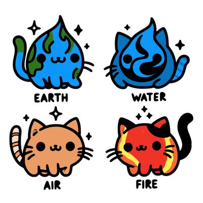 4 cats that represent the different elements, earth, water, air, and fire