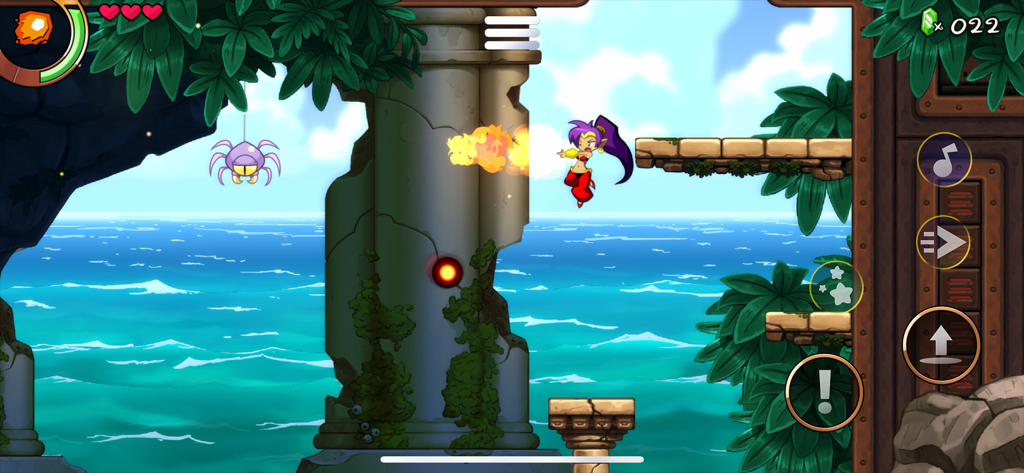 Shantae and the Seven Sirens - Shantae saltando y atacando con bolas de fuego en un nivel costero tropical