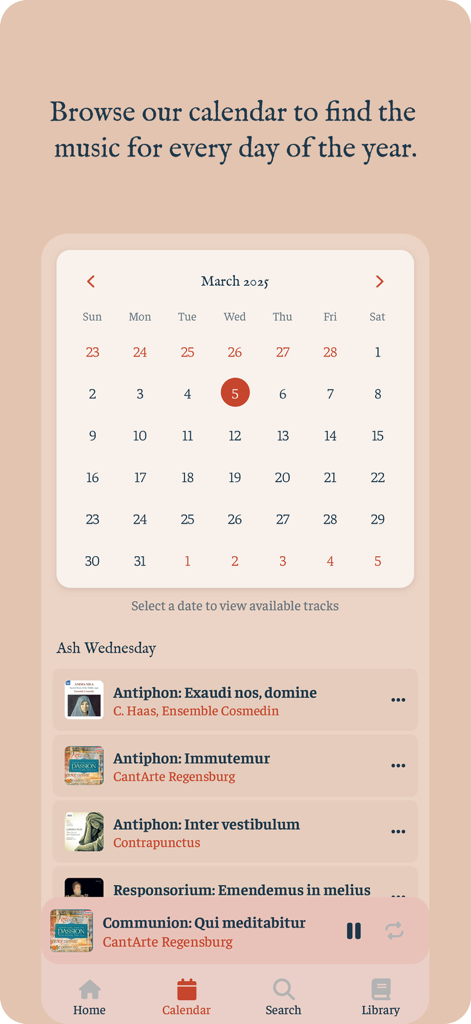 Chants - Catholic Sacred Music - Calendario litúrgico católico en la aplicación Cantos mostrando música sacra diaria y cantos gregorianos.