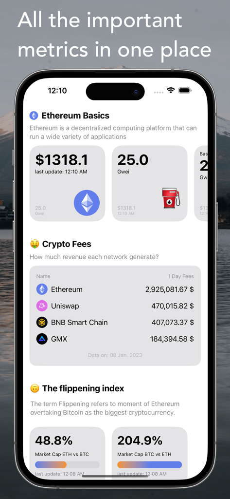 Crypto Widget Toolkit - Crypto Widget Toolkit app interface on an iPhone displaying Ethereum price, gas fees, crypto network revenue, and the flippening index.