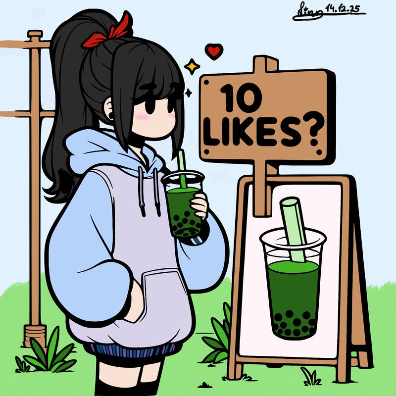 girl with oversized hoodie drinking boba and she has a high ponytail with a sign that says 10likes?