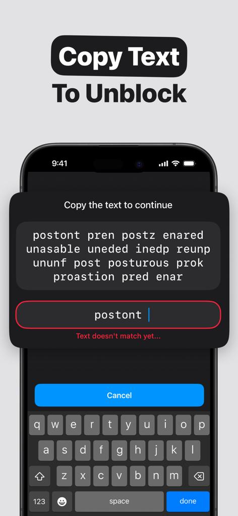 Refocus app interface showing a strict mode copy text challenge to unblock apps