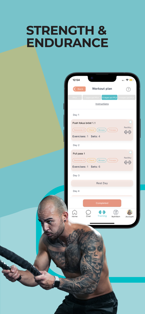 KORE by KOROS - KORE App Workout-Plan-Oberfläche, die Kraft- und Ausdauertraining anzeigt