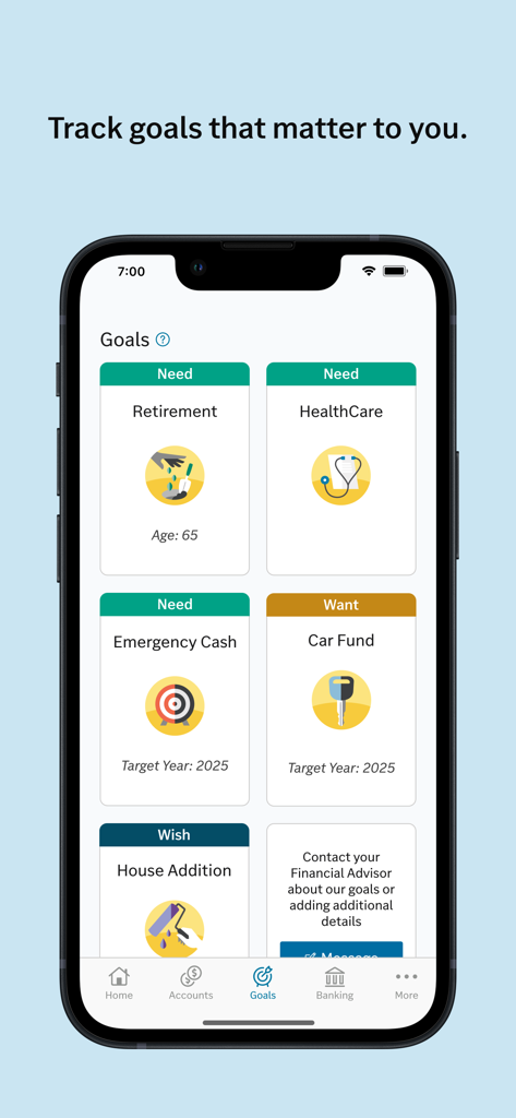 Edward Jones app interface displaying financial goals such as retirement healthcare and emergency funds