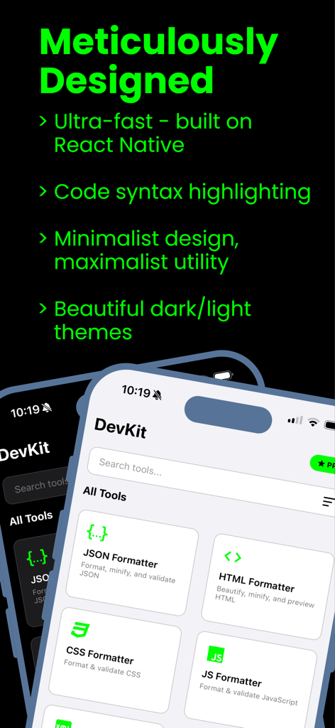 DevKit mobile app interface highlighting developer tools and dark and light mode themes