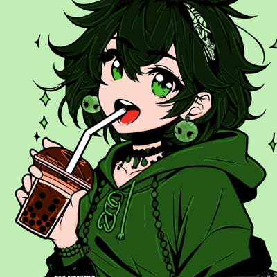 hot baddie anime girl drinking boba and biting the straw