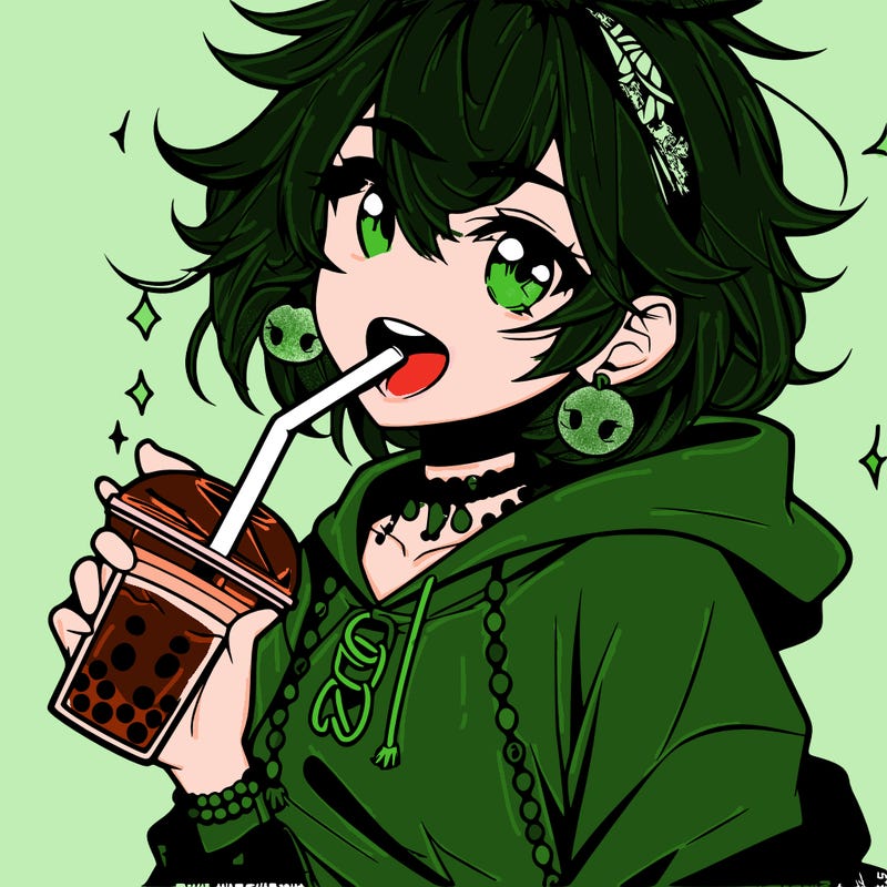 hot baddie anime girl drinking boba and biting the straw