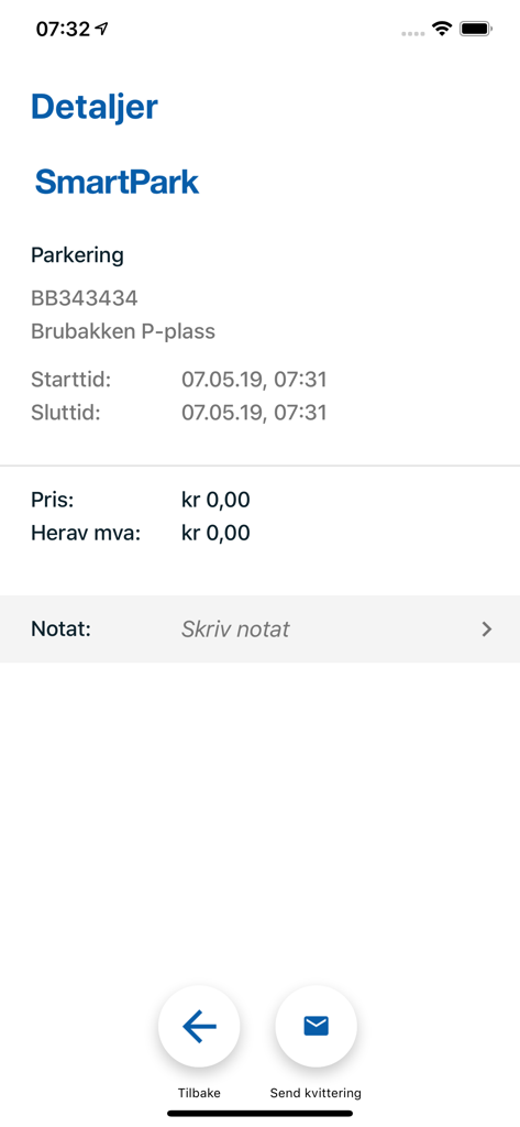 Écran de l'application SmartPark affichant les détails de la session de stationnement, y compris l'emplacement, la plaque d'immatriculation, l'heure et le prix.