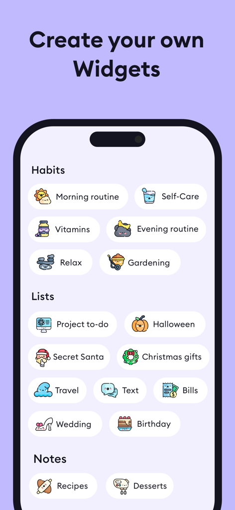 Una interfaz móvil para el Planificador TDAH de Planwoo que muestra widgets personalizables para hábitos, listas y notas con iconos coloridos