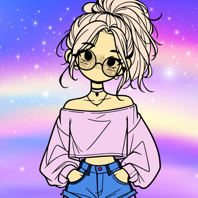 girl with a messy ponytail glasses a baggy crop top and jean shorts