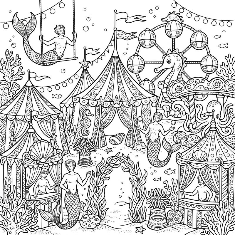 Immerse yourself in a fantastical underwater carnival scene, specially designed for adult coloring enthusiasts. This detailed page brings together the mystique of mermen with the joyful chaos of a big top under the sea, offering hours of creative escapism.