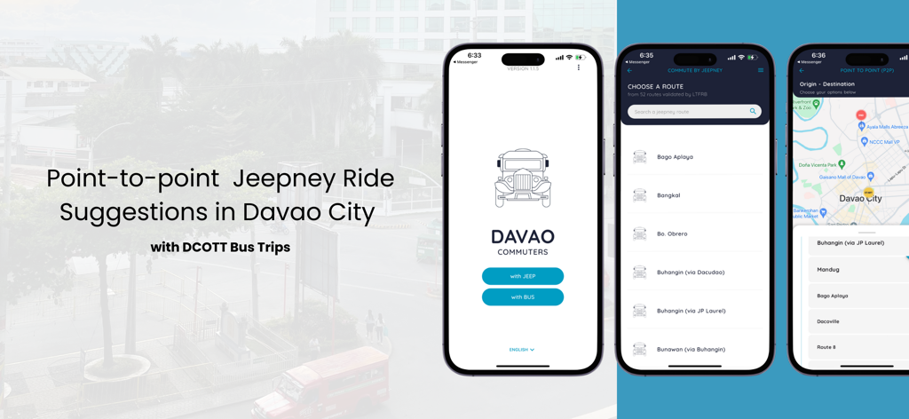 Davao Commuters - Interface of the Davao Commuters app showing jeepney routes and map navigation for Davao City