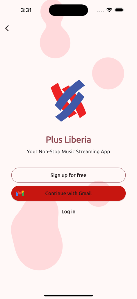 Plus Liberia - Plus Liberia app login and sign up screen featuring the company logo and music streaming tagline