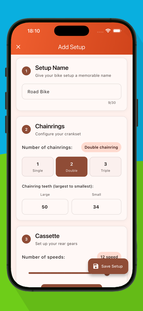 Interface for adding a new bike gear setup including chainring and cassette configuration in Cycle Gear Track.