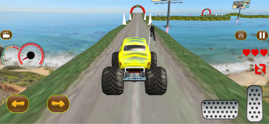 Mud Truck Driving Game Offroad - Yellow monster truck driving on a narrow sky ramp over the sea