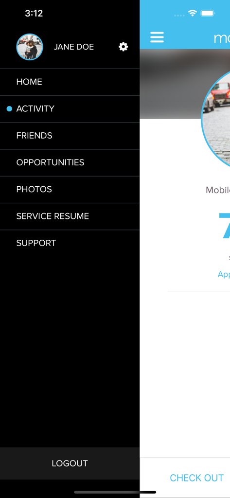 MobileServe App-Seitenmenü mit Navigationsoptionen wie Service-Lebenslauf und Aktivität
