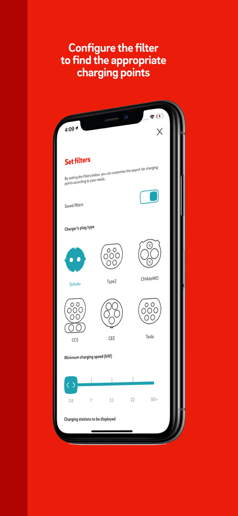 drivE.ON - Hungary - Mobile app screen showing filters for electric vehicle charging stations including plug types and charging speed