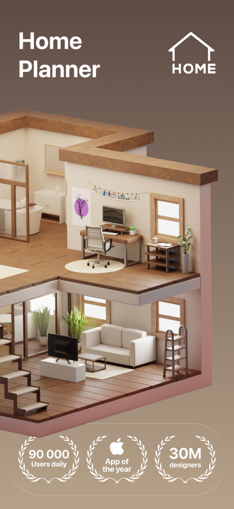 Isometric 3D view of a home interior design showing an office and living room layout