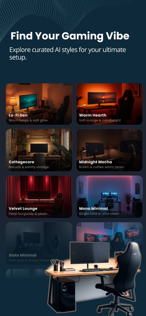 Game Room AI Designer - A selection of curated AI gaming room styles in the Game Room AI Designer app showing themes like Lo-Fi Den and Midnight Mocha.