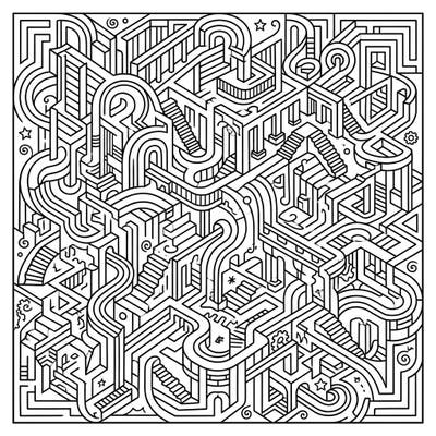 Dive into a captivating world of intricate lines and geometric wonders with this modern labyrinth coloring page. Perfect for adults and teens seeking a complex, meditative art challenge.