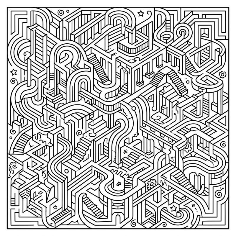 Dive into a captivating world of intricate lines and geometric wonders with this modern labyrinth coloring page. Perfect for adults and teens seeking a complex, meditative art challenge.
