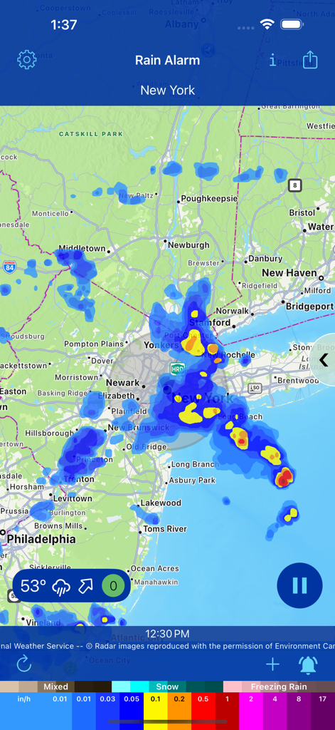 Rain Alarm Live Weather Radar - Rain Alarm app displaying live Doppler radar imagery over New York