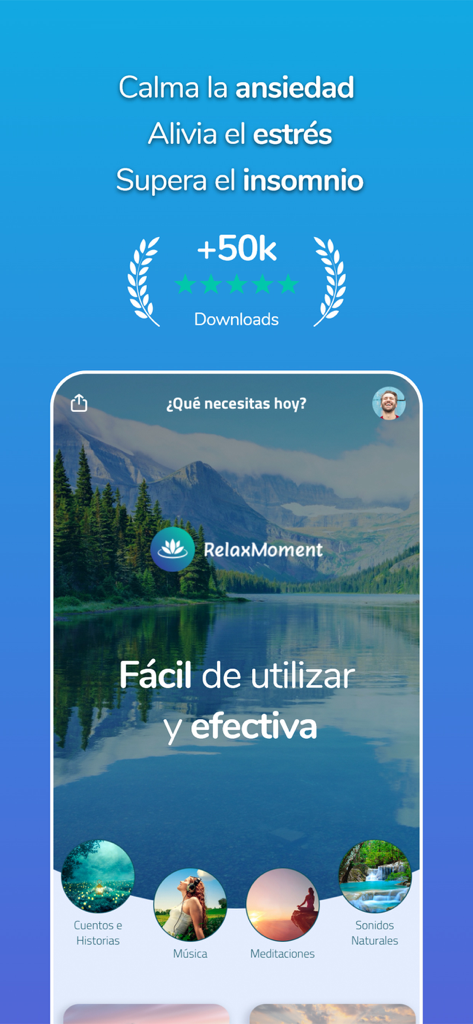 Relax Moment Dormir y Meditar - Interfaz de la aplicación Relax Moment en español para alivio de la ansiedad y el sueño mostrando categorías de meditación y fondo de naturaleza