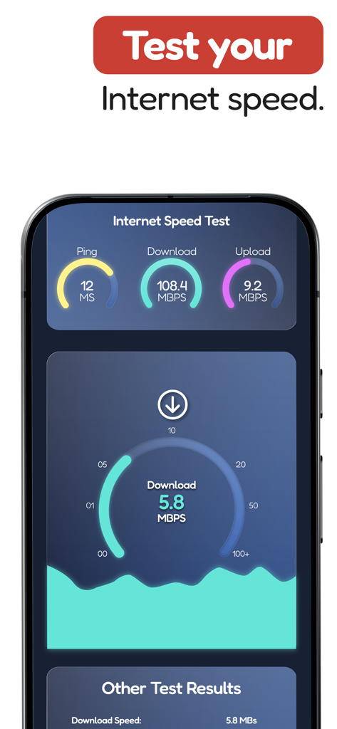 Phone Clean Up - Speed Clean - Interfaz de aplicación móvil que muestra los resultados de la prueba de velocidad de Internet, incluyendo ping, descarga y velocidades de carga
