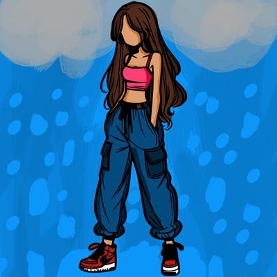 girl in baggy pants crop top and long hair