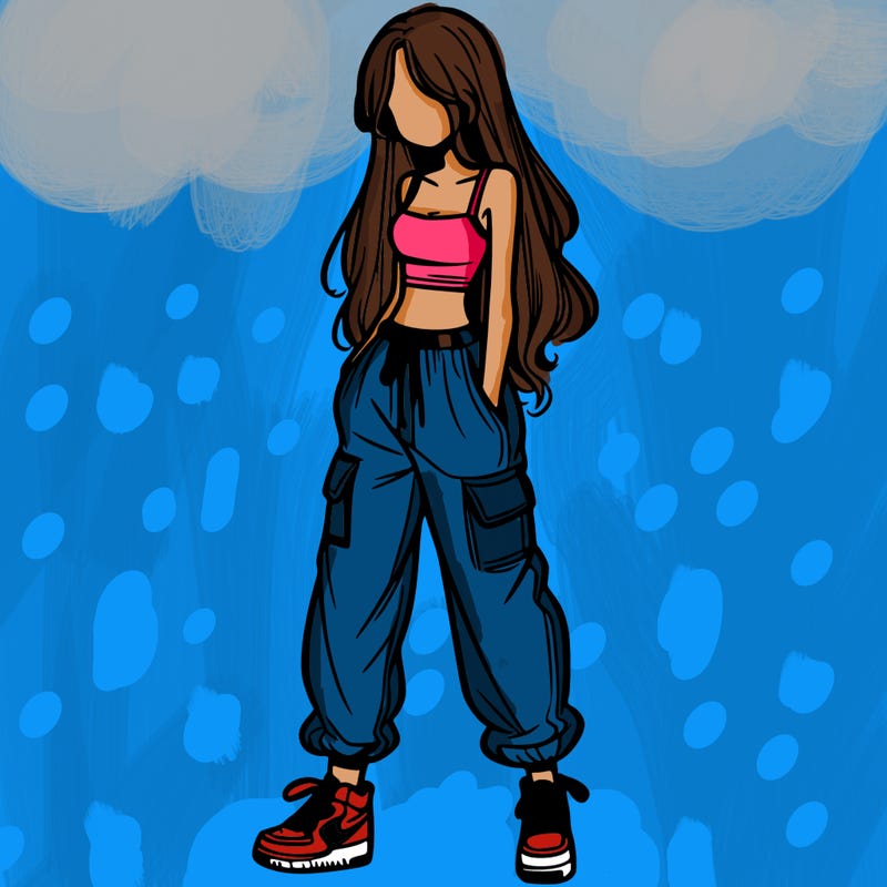 girl in baggy pants crop top and long hair