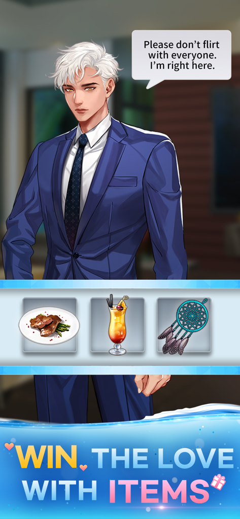 Flirting Island : otome story - Male character in a blue suit asking for attention with gift options in Flirting Island otome game
