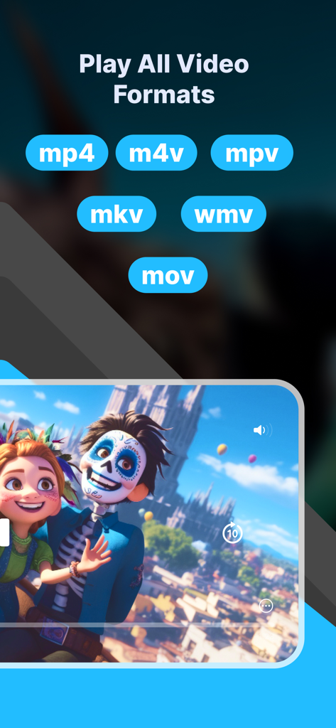 OMP - Offline Media Player - OMP app screen highlighting support for all video formats including mp4 and mkv