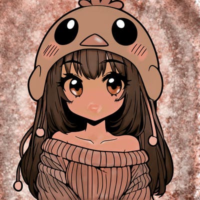 anime girl with chick shaped hat with sweater with bare shoulders with bangs covering them one eye with low tail
