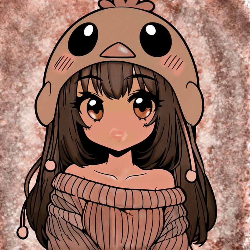 anime girl with chick shaped hat with sweater with bare shoulders with bangs covering them one eye with low tail