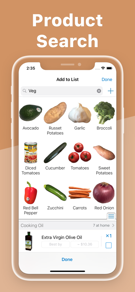 A product search screen within the Pantry Check app showing a grid of fresh vegetables and a cooking oil item to add to a grocery list.
