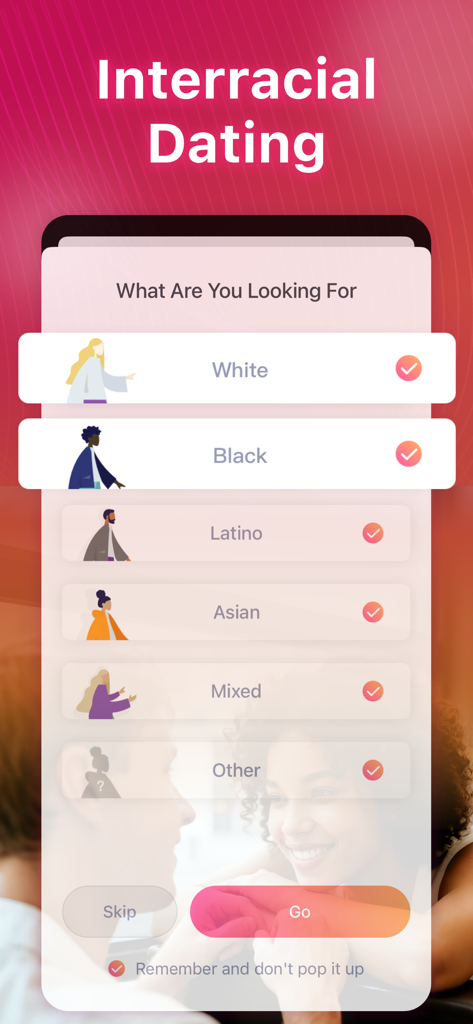 Interracial Date, Match: Mixed - A screen from the Mixed dating app titled Interracial Dating showing race selection filters for White Black Latino Asian and Mixed.
