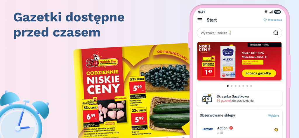 Gazetkowo - gazetki sklepowe - Gazetkowo app interface showing early access to grocery store leaflets and discounted products