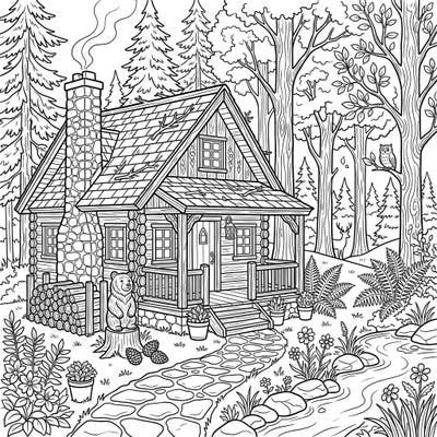 Discover the charm of a secluded hunting cottage nestled deep within an enchanting forest. This detailed coloring page offers a perfect escape for creative teens looking to unwind.