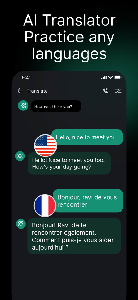 ChatGOAT AI -ChatBot Assistant - Pantalla móvil de la aplicación ChatGOAT AI que muestra un chat de traducción entre inglés y francés para practicar idiomas