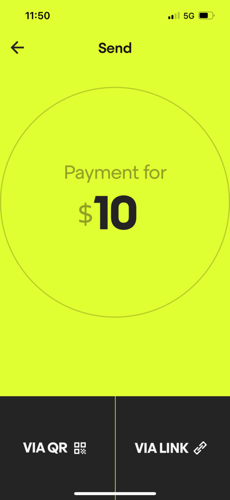 Payy app interface showing a 10 dollar payment request with options to send via QR code or magic payment link on a lime green background