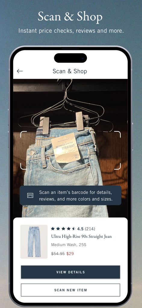 Abercrombie & Fitch - Abercrombie and Fitch mobile app scan and shop feature interface showing product details for jeans