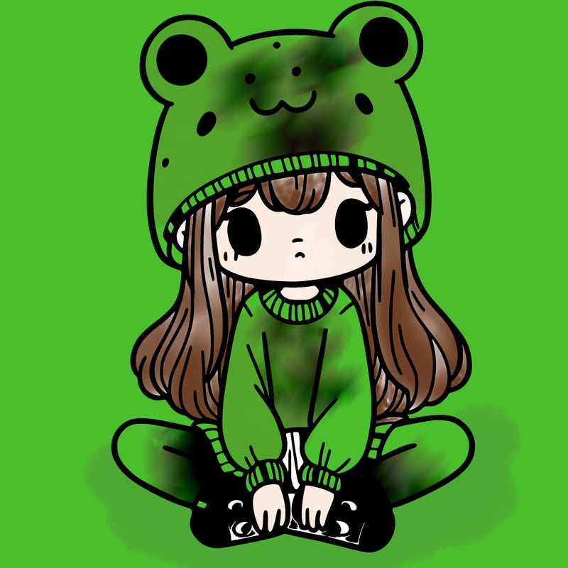 a girl wearing a frog hat and some frog socks