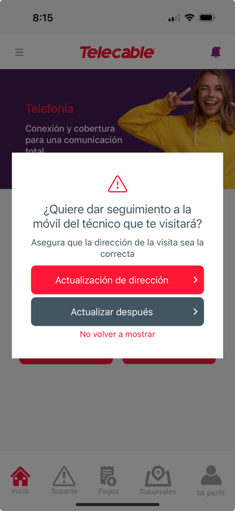 La aplicación móvil de Telecable mostrando una ventana emergente para rastrear a un técnico y confirmar la dirección del servicio.
