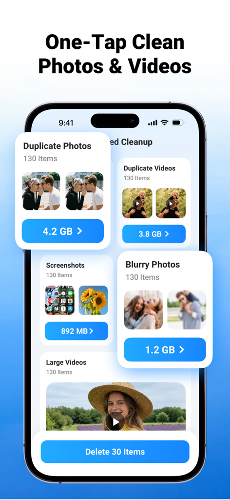 Interface of the Phone Security app showing storage optimization for duplicate and blurry photos and videos