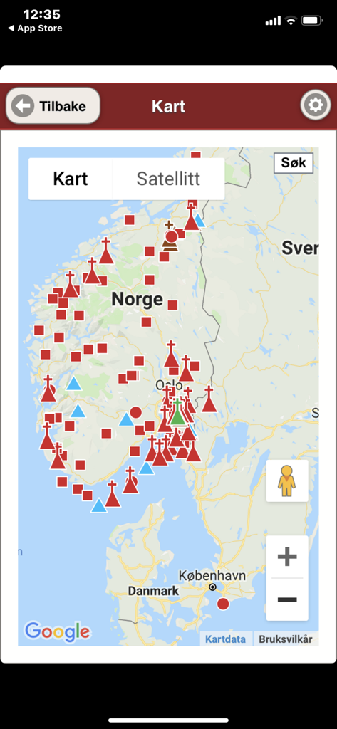 Una mappa della Norvegia all'interno dell'app Katolsk che mostra le posizioni delle chiese cattoliche e dei siti di messa con i marcatori.