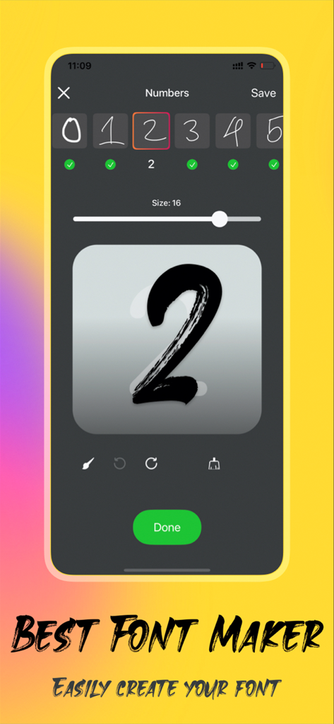 A screenshot of the Font Maker Handwriting app showing a user drawing a custom number two for their personal font.
