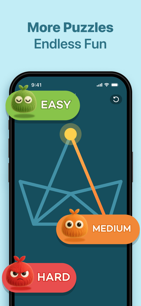 BrainBloom - BrainBloom app screen showing a one-stroke logic puzzle with easy, medium, and hard difficulty options represented by colorful characters.